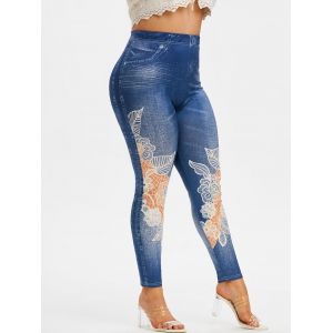 

Plus Size 3D Lace Jean Print Skinny Jeggings, Blue