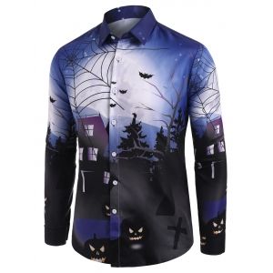 

Halloween Bat Print Button Up Long Sleeve Shirt, Multi