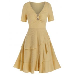 

Deep V Neck Mock Button Layered Flounce Asymmetrical Dress, Goldenrod