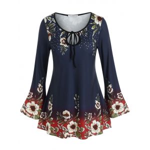 

Plus Size Flower Keyhole Tie Flare Sleeve Tunic Tee, Deep blue