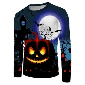 

Halloween Pumpkin Moon Graphic Crew Neck Casual T Shirt, Multi