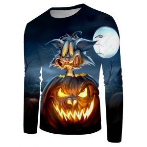 Halloween Cat Pumpkin Graphic Crew Neck Casual T Shirt, Multi