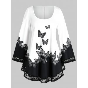 

Plus Size Lace Trim Butterfly Print T Shirt, Milk white