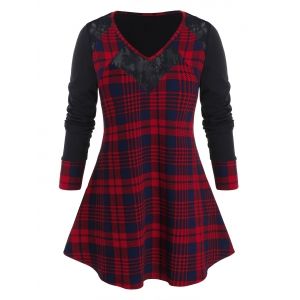 

Plus Size Plaid Lace Panel Sheer Long Sleeve Tee, Black