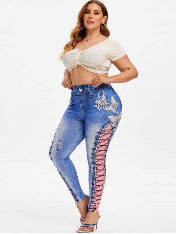 

Plus Size Butterfly 3D Print High Waisted Jeggings, Blue
