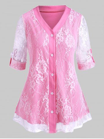 Plus Size Roll Up Sleeve Lace Overlay Blouse - LIGHT PINK - L