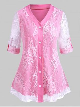 Plus Size Roll Up Sleeve Lace Overlay Blouse