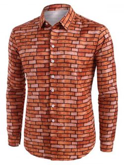 Brick Wall Pattern Button Up Casual Shirt - RED - M