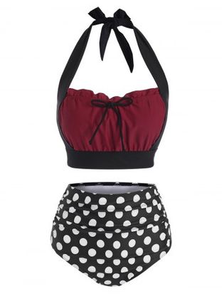 Halter Polka Dot Bowknot Tankini Swimwear