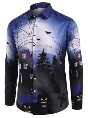 Halloween Bat Print Button Up Long Sleeve Shirt
