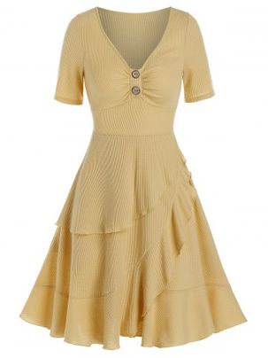 Deep V Neck Mock Button Layered Flounce Asymmetrical Dress