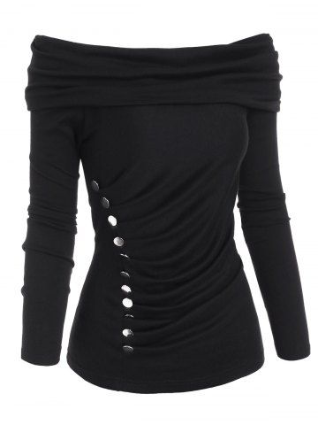 Off Shoulder Foldover Button Embellished Knitwear - BLACK - S