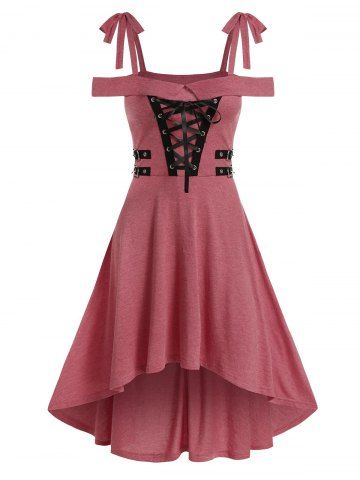 Cold Shoulder Lace-up High Low Gothic Dress - LIGHT PINK - 3XL