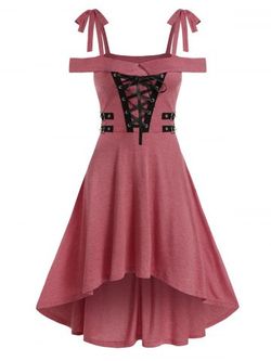 Cold Shoulder Lace-up High Low Gothic Dress - LIGHT PINK - M