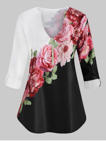 Más el tamaño de la flor de Contraste de impresión de la blusa - WHITE - XL