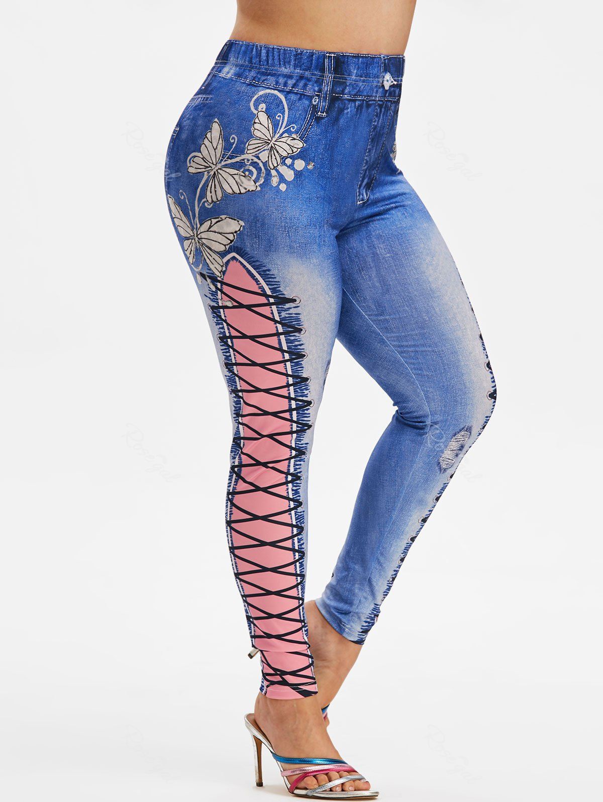 

Plus Size Butterfly 3D Print High Waisted Jeggings, Blue