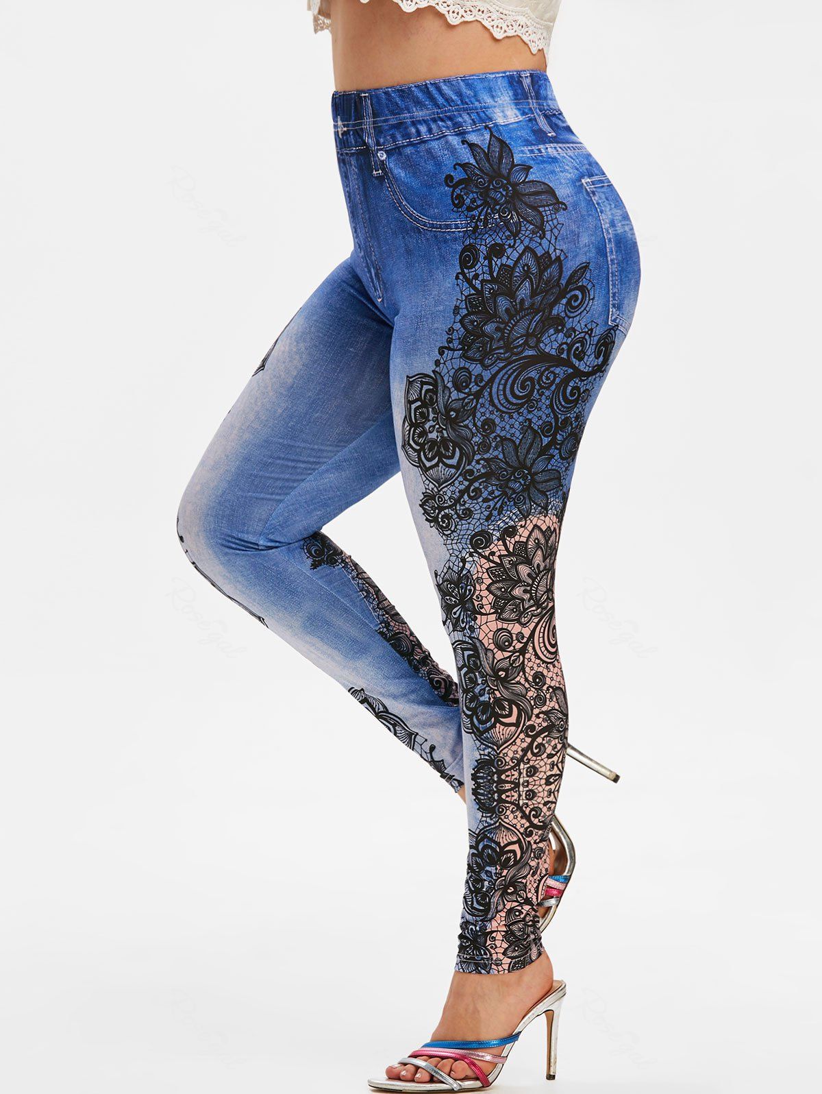 

Plus Size Flower 3D Print High Waisted Stretchy Jeggings, Blue