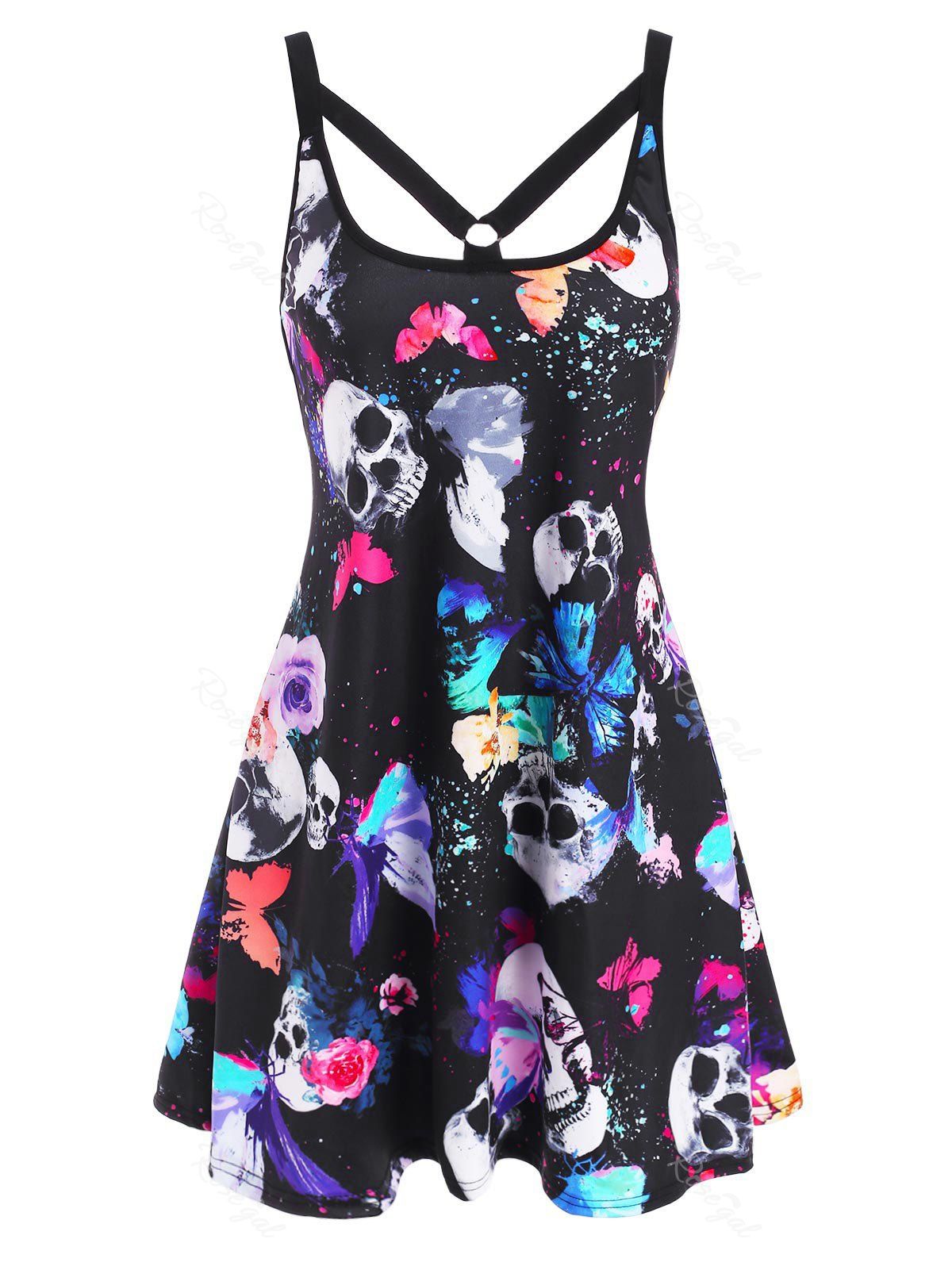 Affordable O Ring Strappy Skull Butterfly Print Tank Dress  