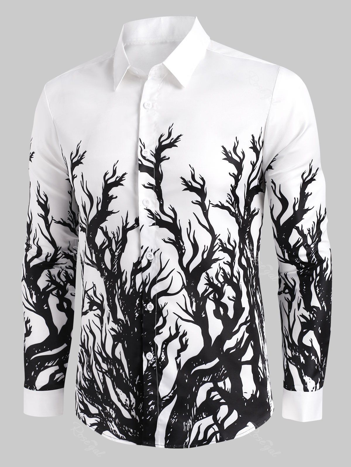 

Tree Print Button Up Long Sleeve Shirt, White