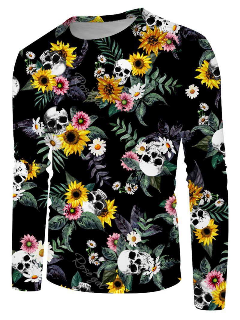 

Skull Daisy Floral Print Crew Neck Casual T Shirt, Multi