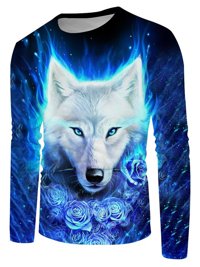 

Floral Fire Wolf Graphic Crew Neck Long Sleeve T Shirt, Multi