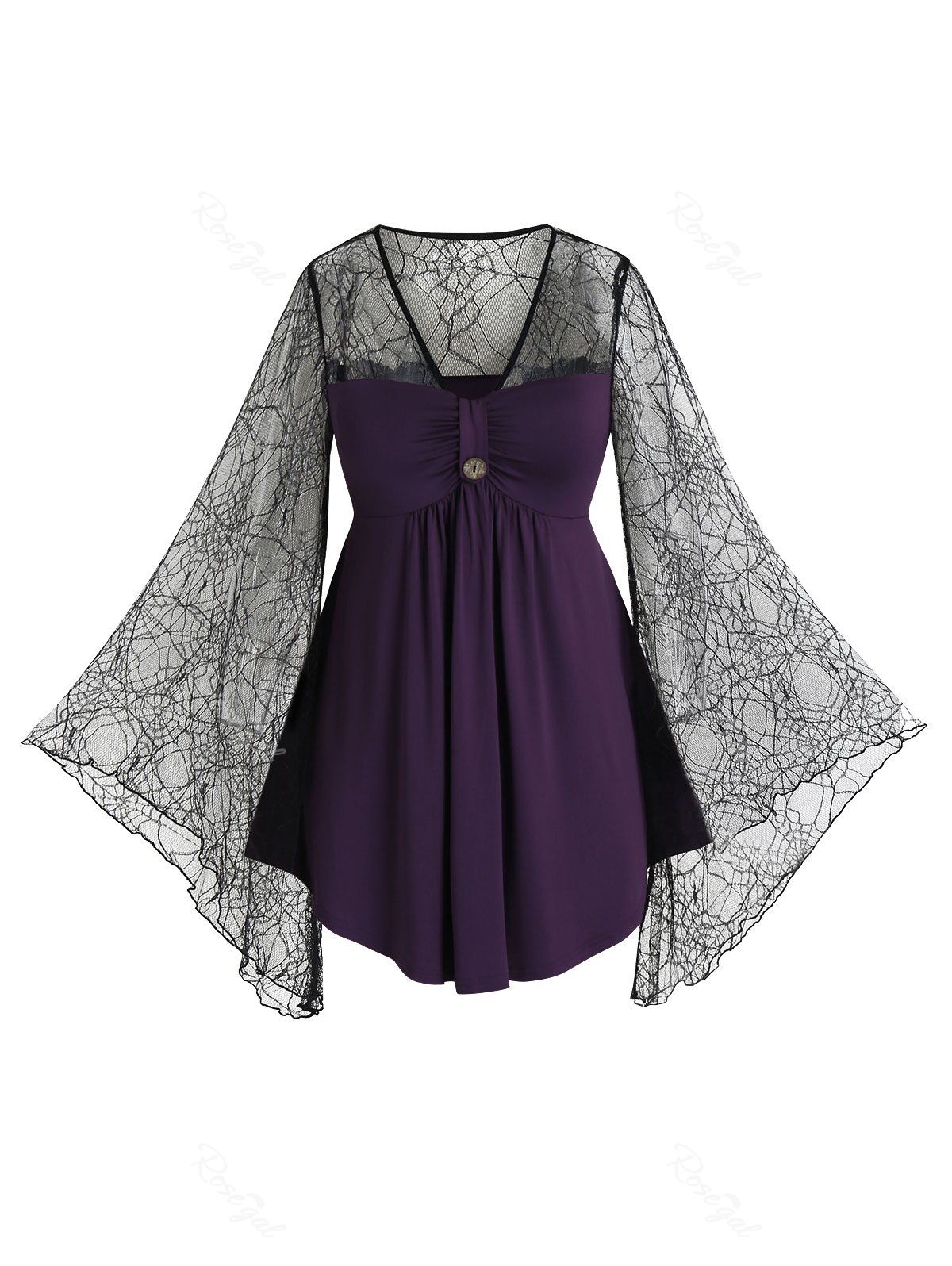 

Plus Size Lace Spider Web See Thru Flare Sleeve Tee, Purple iris