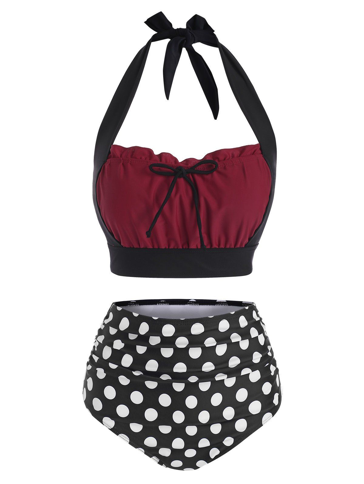 

Halter Polka Dot Bowknot Tankini Swimwear, Red