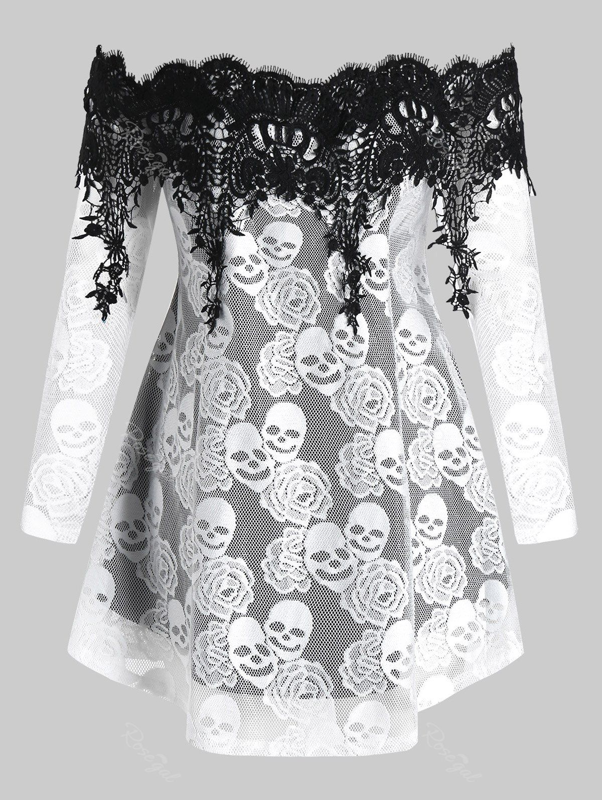 

Plus Size Halloween Off Shoulder Skull Lace Tee, Milk white