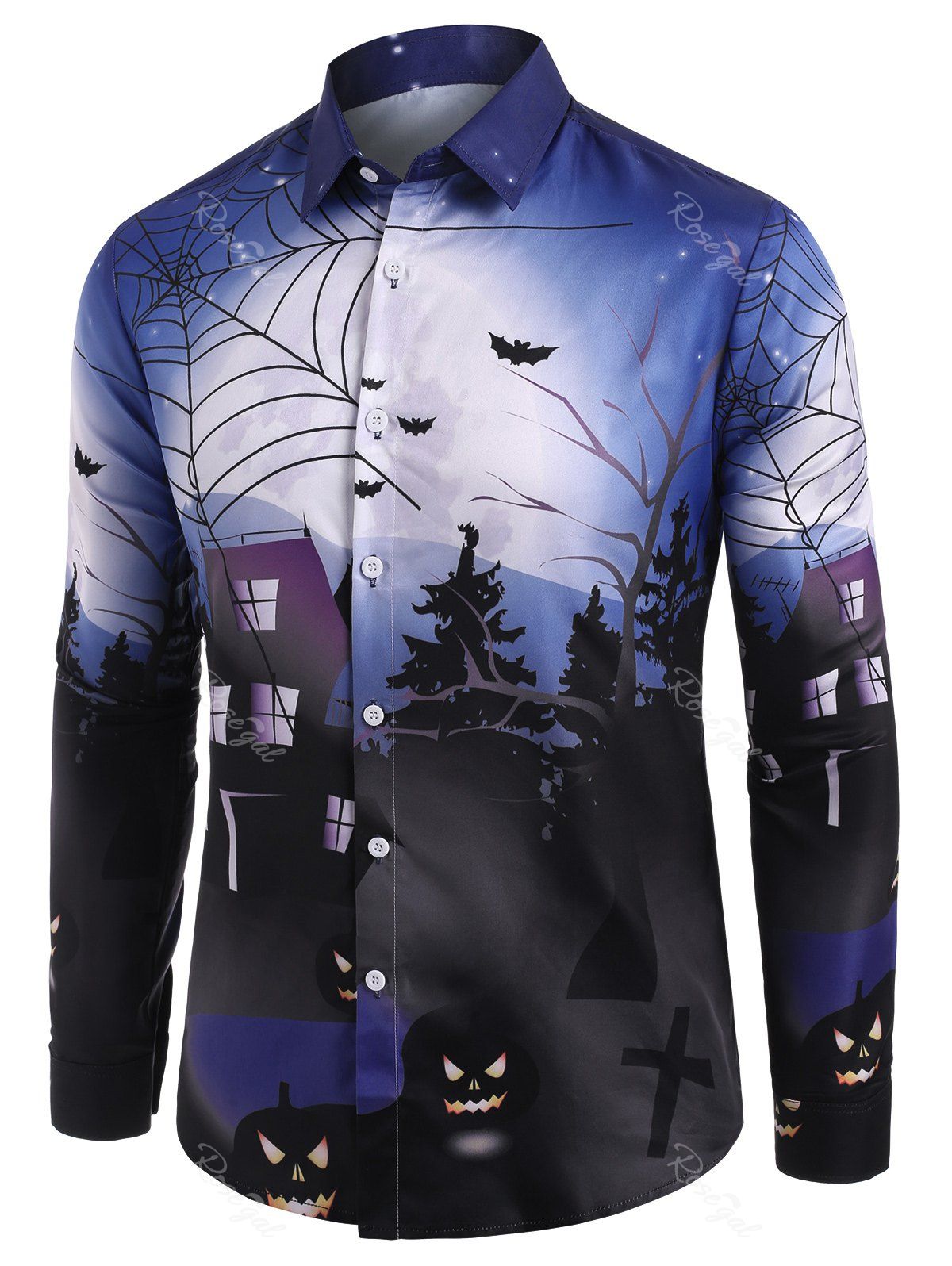 Hot Halloween Bat Print Button Up Long Sleeve Shirt  
