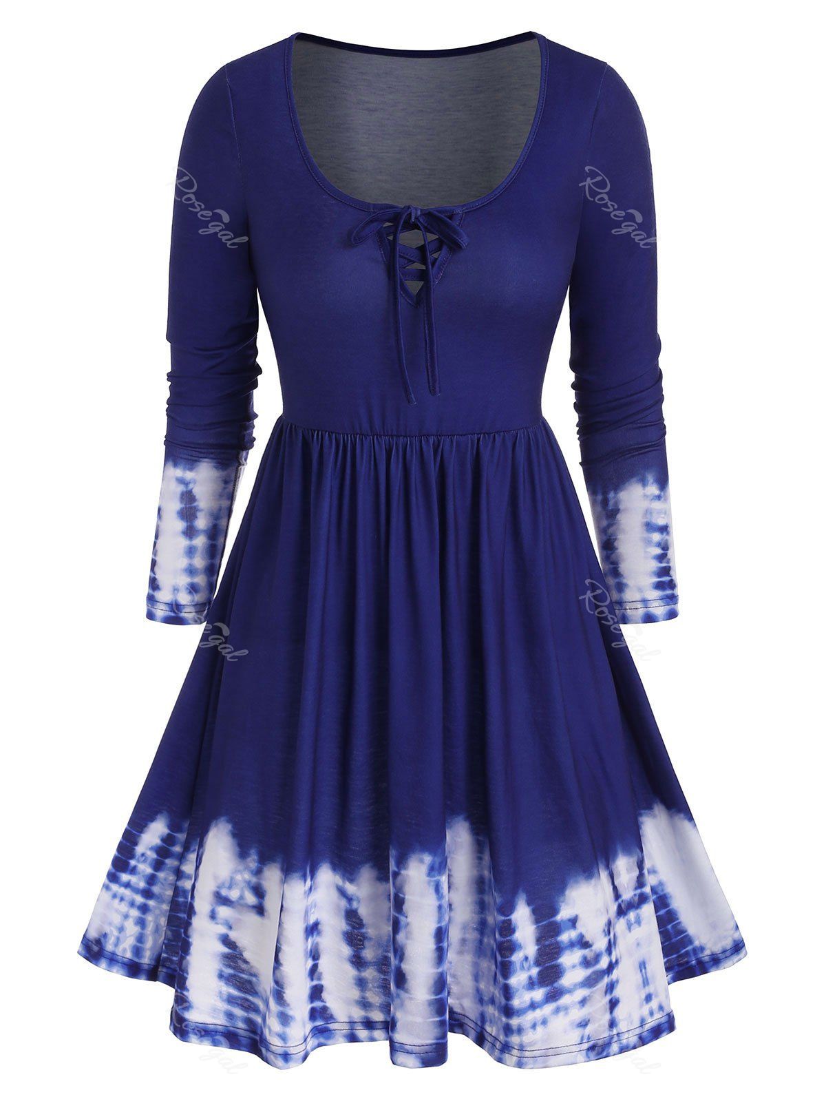 Online Tie Dye Long Sleeve Lattice Tee Dress  