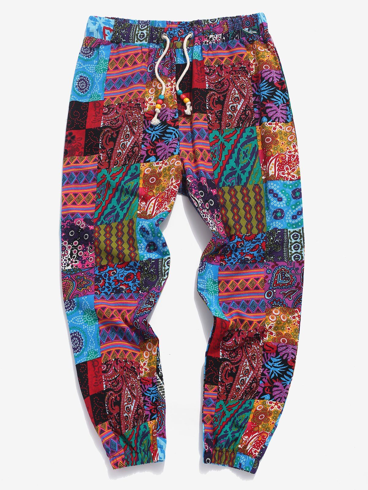 

Bohemian Patchwork Print Drawstring Casual Pants, Deep red