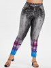 High Waisted Plaid Panel 3D Print Plus Size Jeggings -  