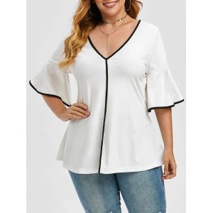 

Plus Size Contrast Trim Bell Sleeve Blouse, White