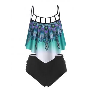 

Plus Size Cutout Feather Print Crisscross Tankini Swimwear, Black