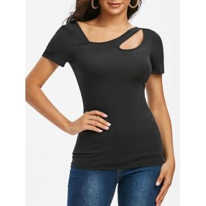

Skew Neck Cut Out Plain T-shirt, Black