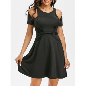 

Solid Color Cold Shoulder Twist Waist Mini Dress, Black