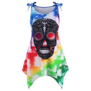 

Tie Shoulder Skull Tie Dye Halloween Plus Size Tank Top, Multi