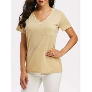 

V Neck Button Pocket Short Sleeve T Shirt, Deep yellow