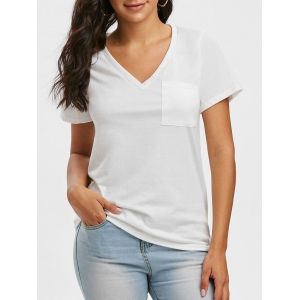 

V Neck Button Pocket Short Sleeve T Shirt, White
