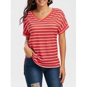 

V Neck Striped High Low T Shirt, Red