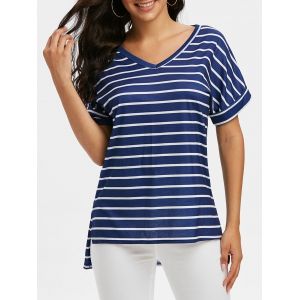 

V Neck Striped High Low T Shirt, Deep blue