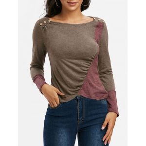 

Button Two Tone Asymmetrical Long Sleeve T Shirt, Coffee