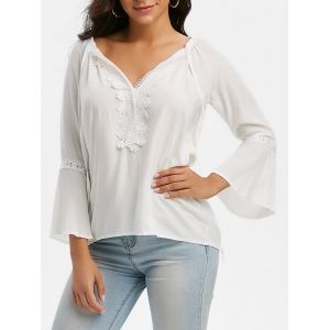 

Tie Collar Lace Panel Flare Sleeve Blouse, White