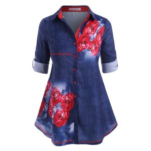 

Rose Button Up Tab Sleeve Plus Size Shirt, Blue
