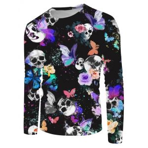 

Halloween Skull Butterfly Print Long Sleeve T-shirt, Multi