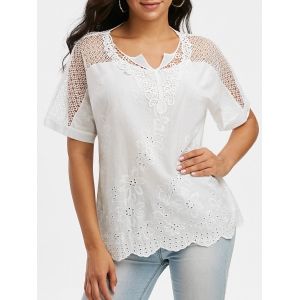 

Notched Collar Crochet Lace Panel Short Sleeve Blouse, White