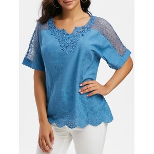 

Notched Collar Crochet Lace Panel Short Sleeve Blouse, Blue