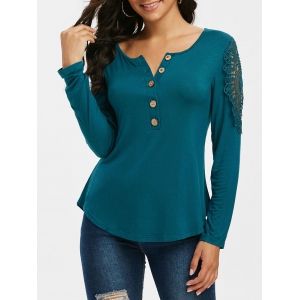 

Guipure Panel Round Hem Half Button T-shirt, Green