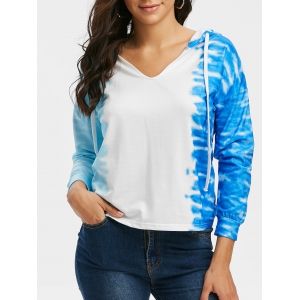 

Drawstring Tie Dye Drop Shoulder Hoodie, Light blue