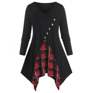

Plus Size Plaid Hanky Hem Mock Button Long Sleeve Tee, Black